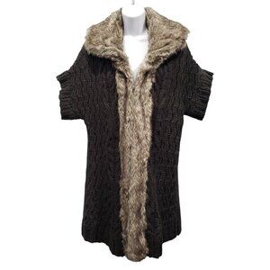APT 9 Womens XL‎ Cable Knit Coatigan Cardigan Faux Fur Trim SS Wool Blend Gray